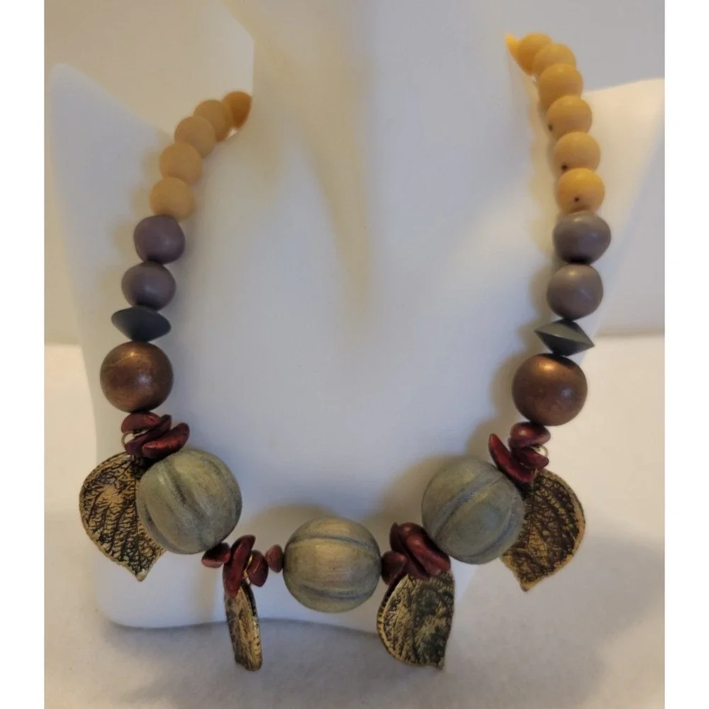 Beaded Leaf Necklace Boho Cottagecore Nature Statement Yellow Gold Tone